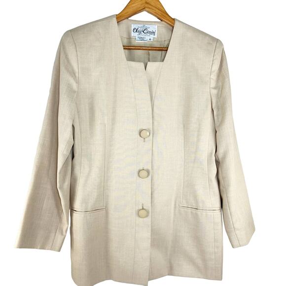 Vintage Oleg Cassini 80s Power Suit Jacket Blazer Size 10P Beige w Shoulder Pads - Picture 1 of 6